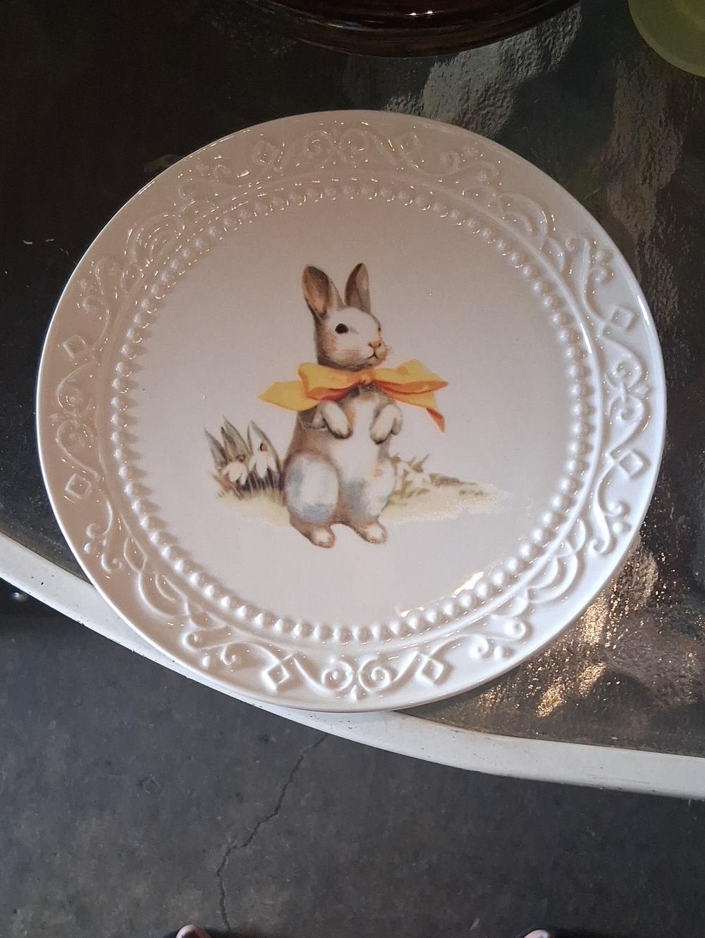 Grasslands Road White Ceramic Bunny Plate with Yellow Bow Accent